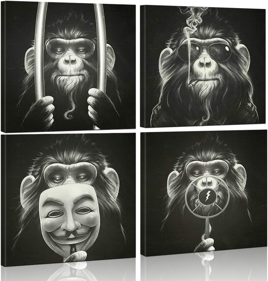 TONZOM Large Canvas Print Wall Art Painting,12x12inchx4 Piece Monkey Design Stretched and Framed Oil Painting,GICLEE Printing Abstract Canvas Painting