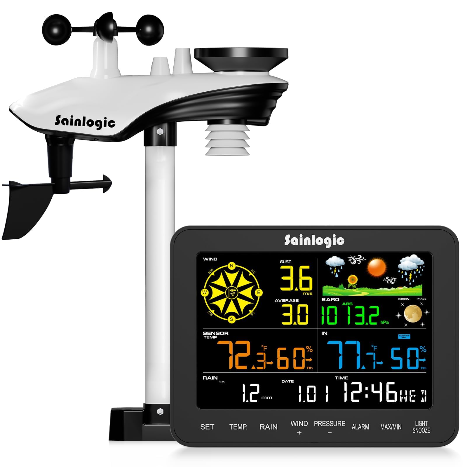 Photo 1 of *USED*
Sainlogic Weather Stations Wireless Indoor Outdoor SA6, Weather Station with Rain Gauge and Wind Speed, Weather Forecast, Temperature, Air Pressure, Humidity, Moon Phase, Alarm Clock(No WiFi)