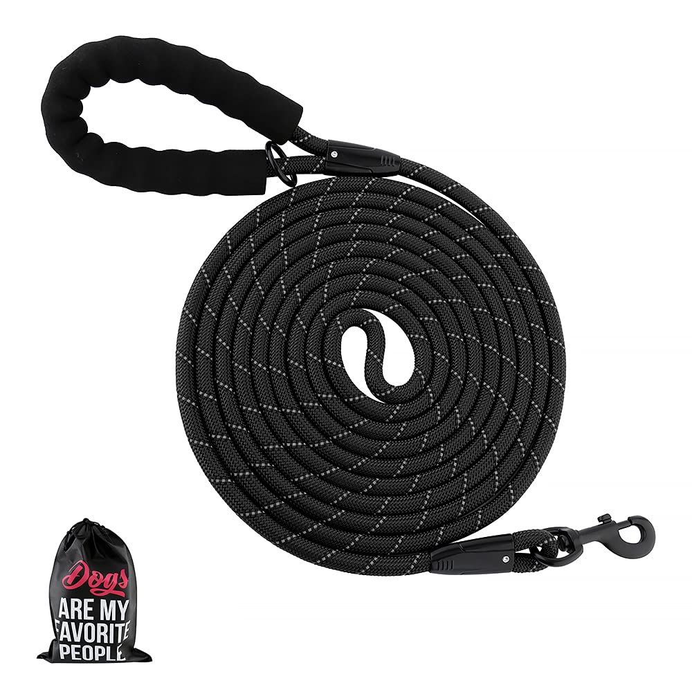 Plutus Pet Long Rope Dog Lead - Comfortable Padded Handle, Reflective Nylon Heavy Duty Rope - 4.5m, 6m, 9m for Small to Large Dogs (Black)