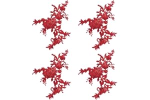 HOBBIESAY 4Pcs Embroidery Sequin Lace Applique 13.82x9.49'' Red Flower Appliques Sewing Floral Fabric Patches Decorative Repair Patches for Women Wedding Dress Gown Bodice Costume Clothing Craft DIY