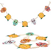 Capoda Day of The Dead Decoration Felt Sugar Skull Marigold Flowers Banner Garland Wood Bead Felt Dia de Los Muertos Hanging Decoration for Home Mantel Halloween Mexican Fiesta Party Supplies, 3.9Ft