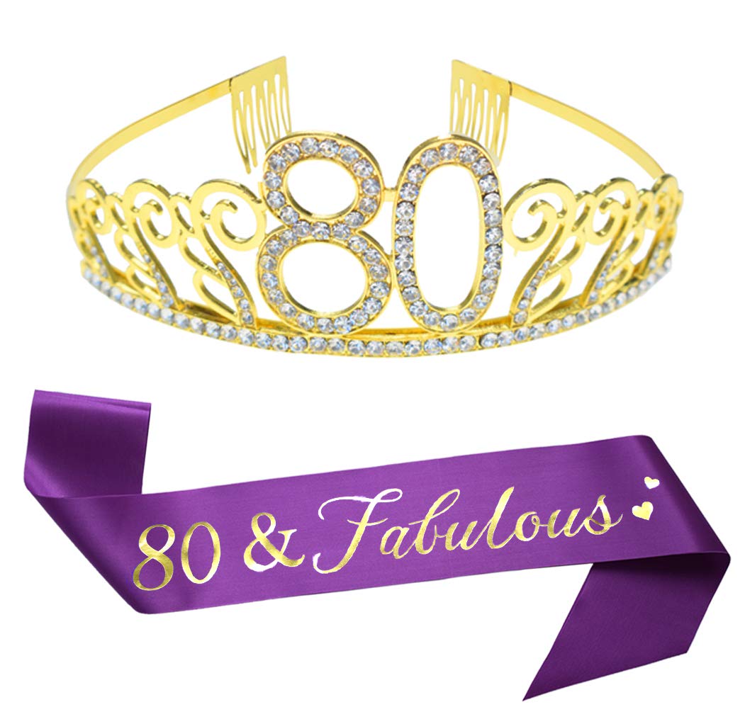 80th Birthday Gold Tiara and Sash, Glitter Satin Sash and Crystal Rhinestone Birthday Crown for Happy 80th Birthday Party Supplies Favors Decorations Cake Topper
