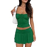 Tongmingyun Womens Summer 2 Piece Outfits Y2k Crop Tube Tops and Pleated Mini Skirts Beach Sets