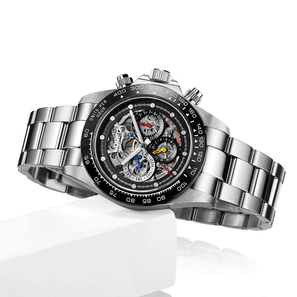 LOREO Mens Automatic Watch Skeleton Hollow Out Dial Sapphire Crystal Mechanical Self-Winding Silver Stainless Steel Waterproof Watch