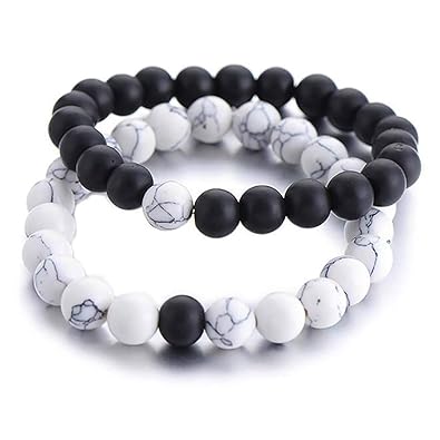 STYLE4-NATURE Pärchen-Armbänder Naturstein Entfernungs Couple-Armbänder für Liebhaber in Schwarz Matt Onyx & Weiß Howlit 8mm.