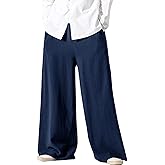 Arssm Mens Cotton Linen Pants Wide Leg Baggy Pants Elastic Waist Casual Summer Beach Palazzo Trousers