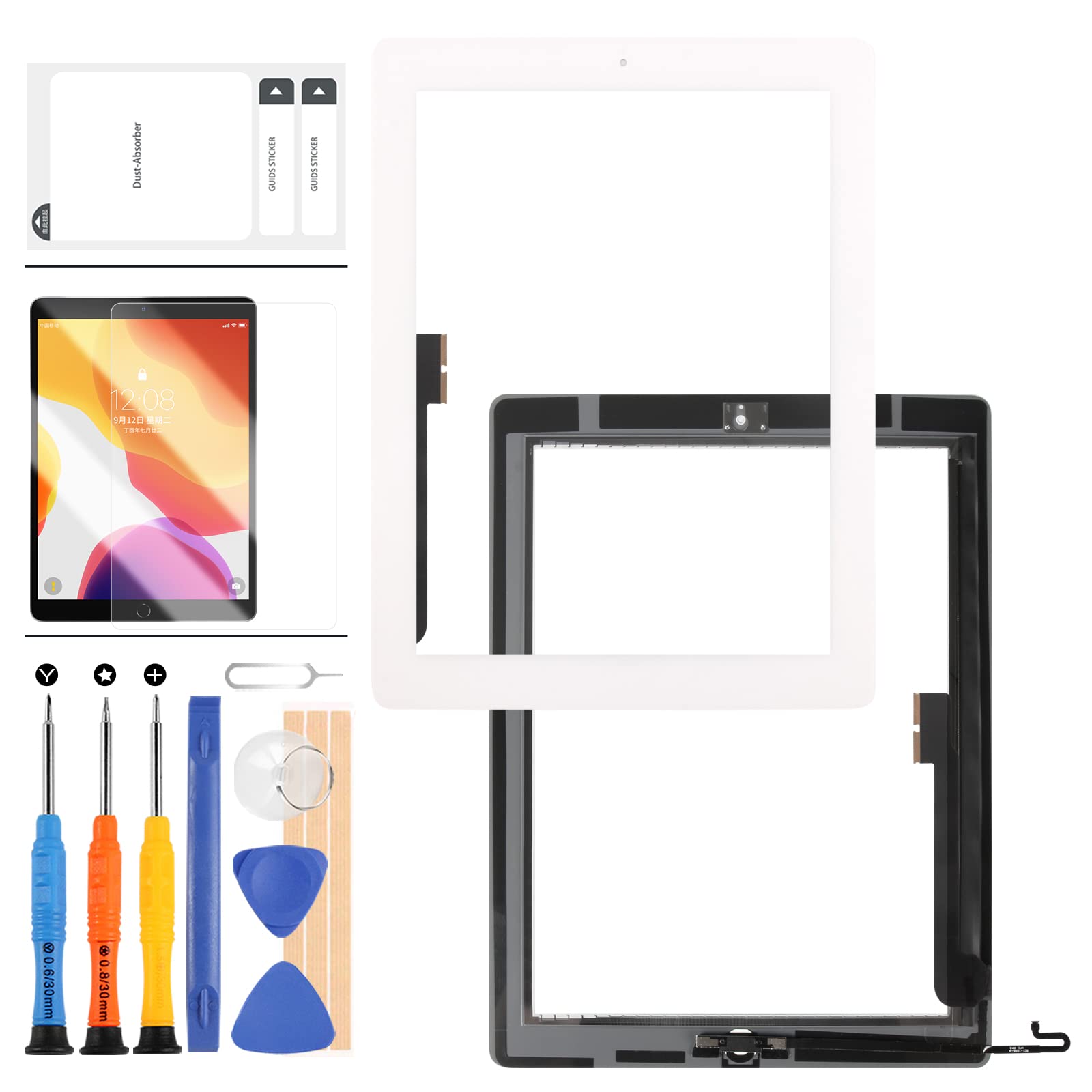 SRJTEK For iPAD 4 4th Gen Screen Replacement For A1458 A1459 A1460 Digitizer Sensor Touch Glass Panel Repair Parts Kit with Home Button, Adhesive with Free Screen Protector + Tools (White)