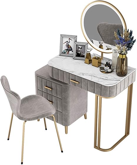Amazon Co Jp Marble Table Top Dressing Table With Led Light Mirror And Cushioned Stool Vanity Makeup Table Flannel Wrap Wrought Iron Frame Girl Gift 80x40x75cm Home Kitchen