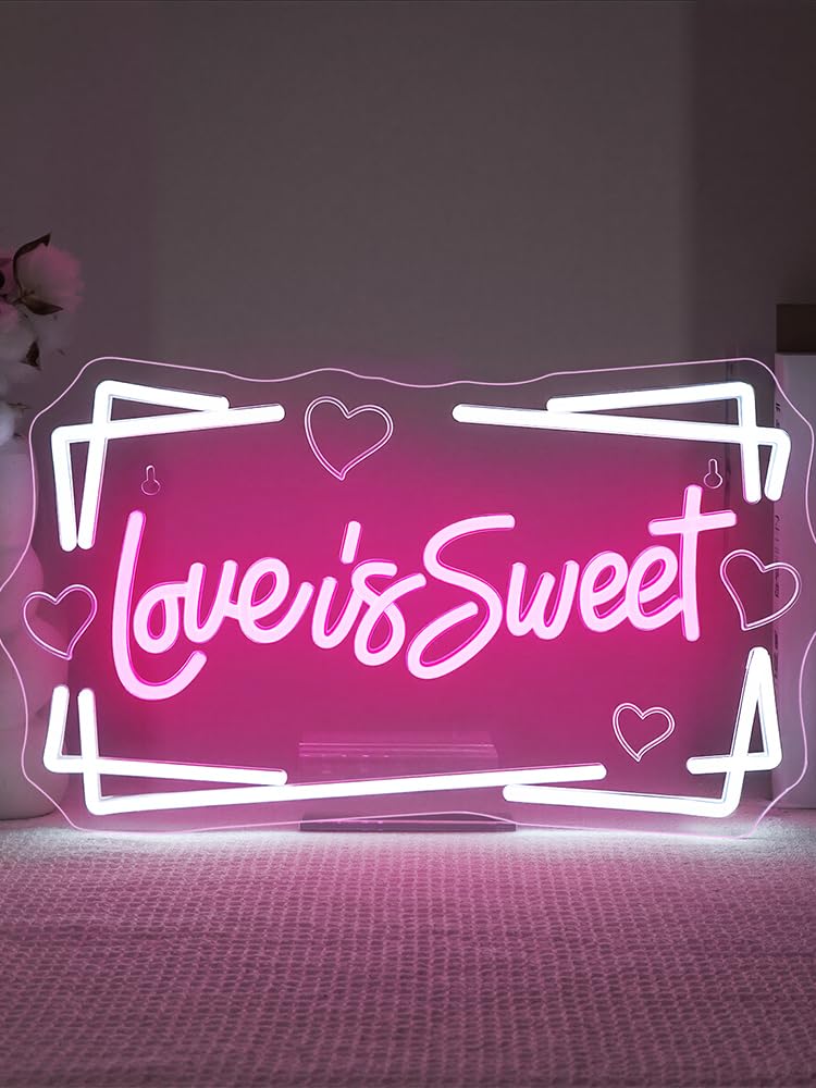 Lucunstar Love is Sweet Neon Sign Led Light Sign for Wedding Decor Bridal Shower USB Connectivity Led Sign with Dimming Switch for Home Wall Decor Girls Decor Party Room