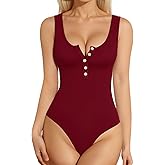 MANGOPOP Women's Henley Shirt Scoop Neck Button Down Ribbed Bodysuits Sleeveless Tank Tops Body Suit