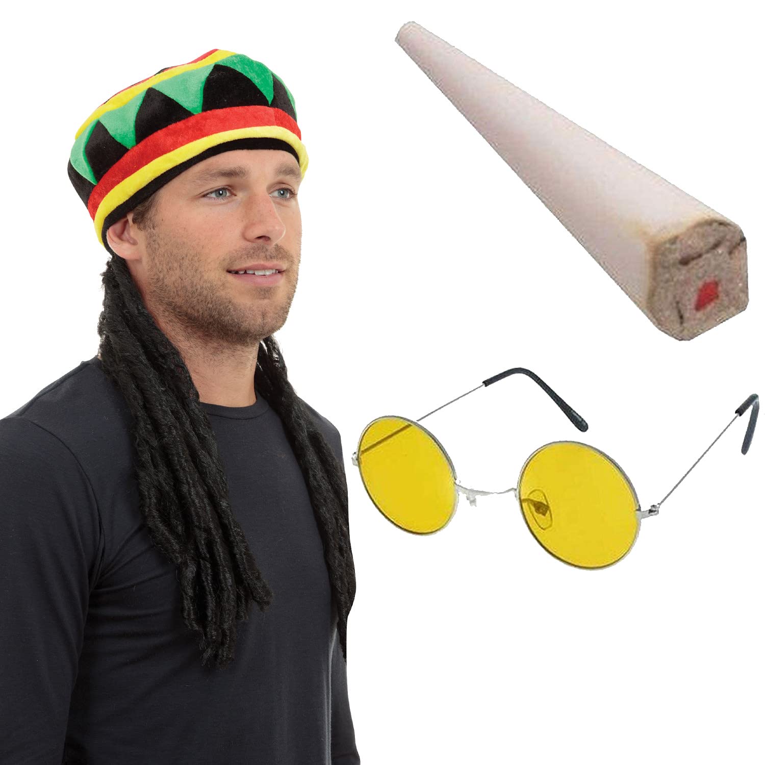 Mega_JumbleSale® RASTA RAGGAE JAMAICAN BOB MARLEY Adults Rasta Jamaican Hat Fake Prop & Yellow Glasses Caribbean Fancy Dress Set