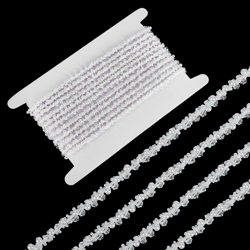 FINGERINSPIRE 5 Yards/4.57M White Beaded Trim 6mm Wide Pearl Beaded Trim Ribbon Trimming Edge Embellishments Large Pearl Decorative Tape Edge Trim for Wedding Dress Sewing Craft DIY Decoration