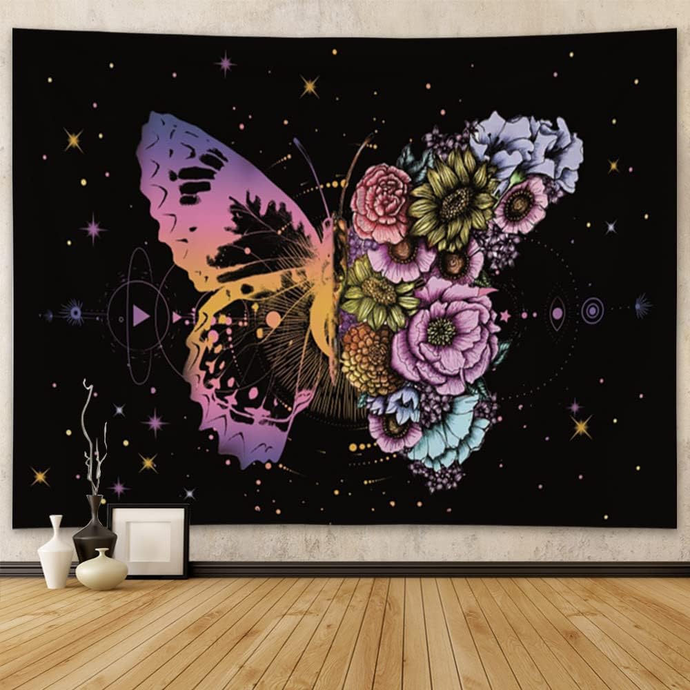 Tapestries - Beiyongde Butterfly Tapestry for Girl Bedroom Aesthetic Moth Wall Tapestry Fantastic Flowers Tapestries Trippy Starry Sky Tapestry Wall Hanging for Living Room College Dorm Decoration,59