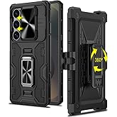 Caka for Samsung Galaxy S25 Ultra Case with Belt Clip Holster Slide Camera Cover Built-in 360° Rotate Ring Holder Stand Heavy Duty Shockproof Protective S25 Ultra Case 2025, Black