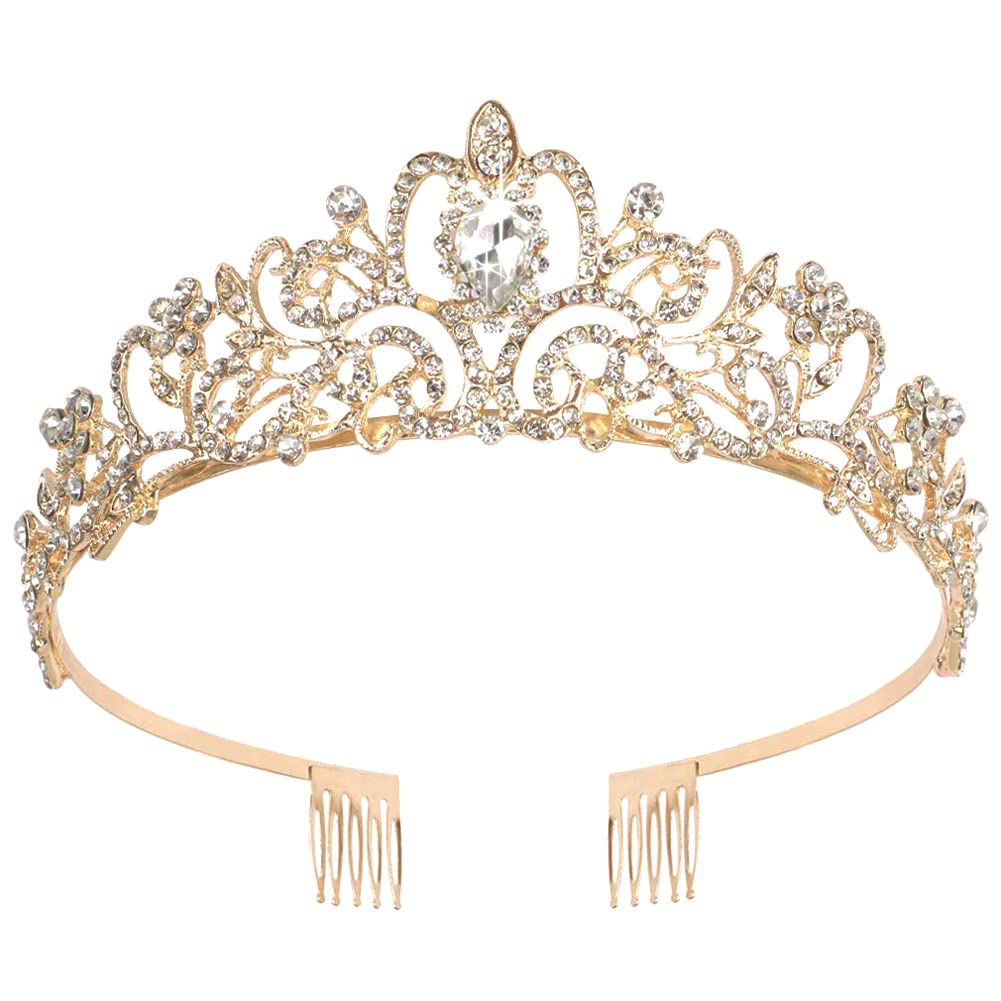 Wedding Tiara with Comb, Prom Queen Crown Rhinestone Birthday Headpiece, Bridal Hair Accessories for Women, Gold