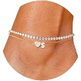 CIOMY Gold Initial Ankle Bracelets for Women 14K Gold Plated CZ heart Tennis Anklets for Women Waterproof Adjustable Initial Anklets Large Ankle Summer Beach Foot Jewelry