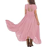 MITILLY Girls Boho Lace Flower Backless Crew Neck Long Sleeve Ruffle Swing Maxi Dress with Pockets