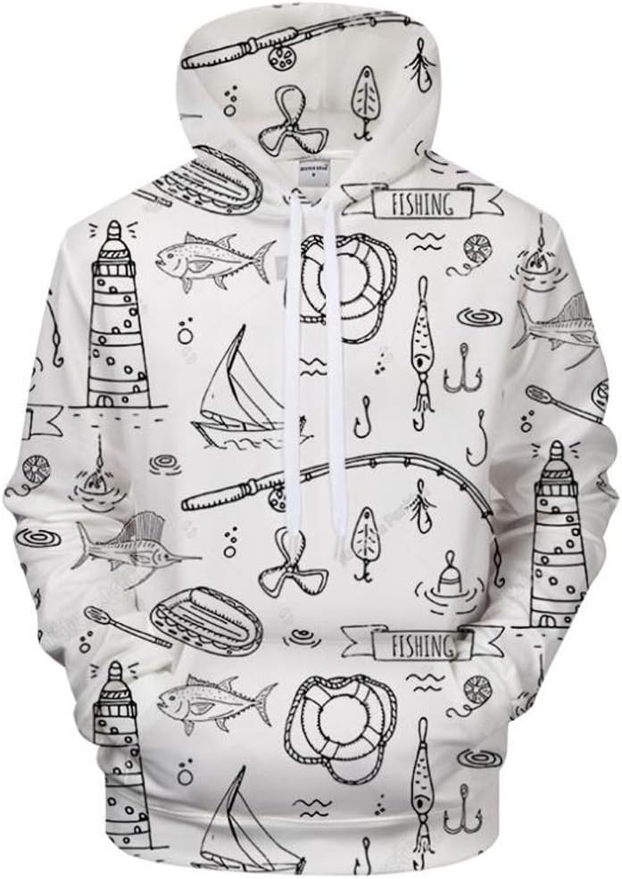 QSBY Mens Hoodies White Bait 3D Prints Pullover Jumpers Breathable Slim Fit Patterned Sweatshirts With Pockets Couple Hoodies Unisex Look