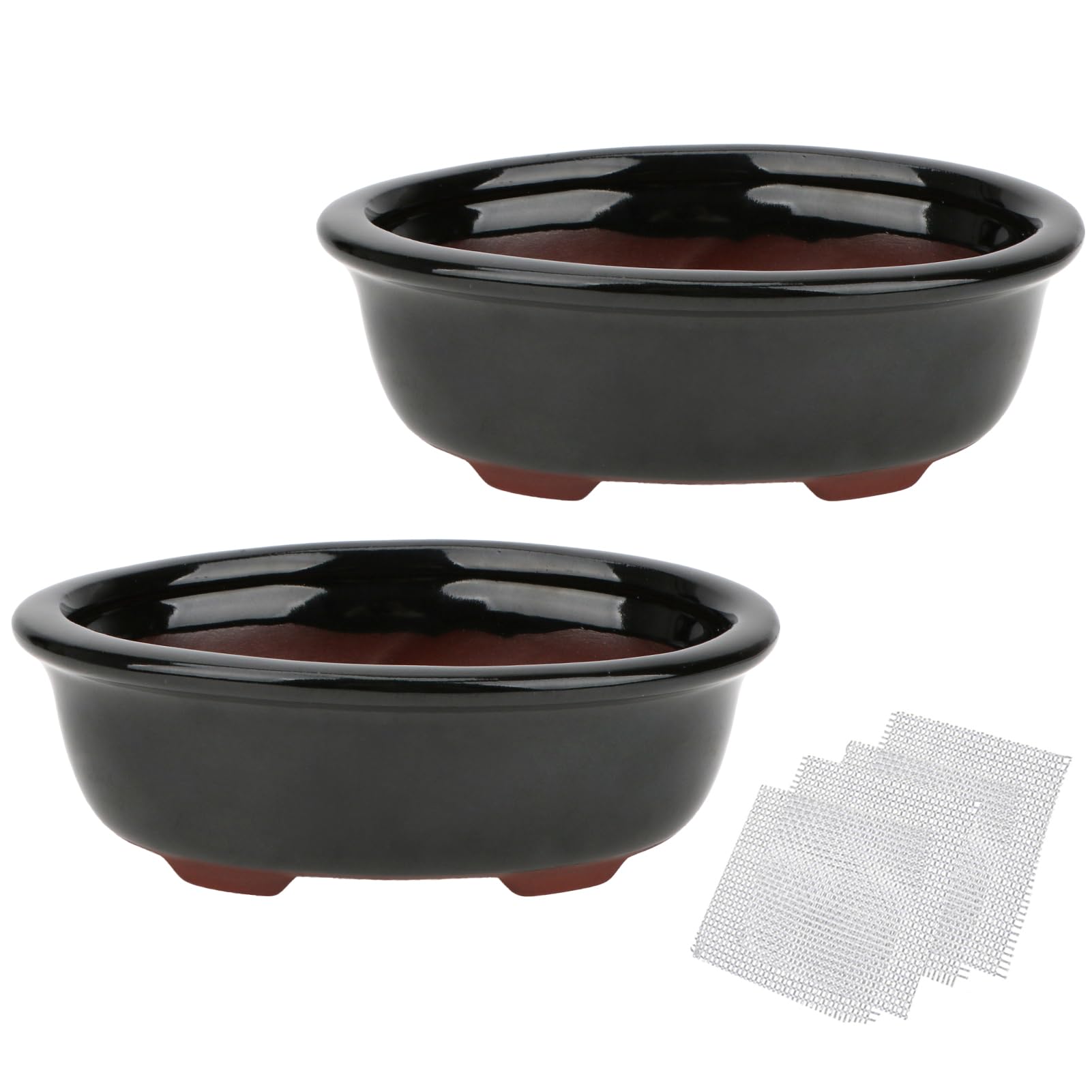 Set of 2 Zisha Ceramic Bonsai Pot, Glazed Shallow Succulent Planter Black