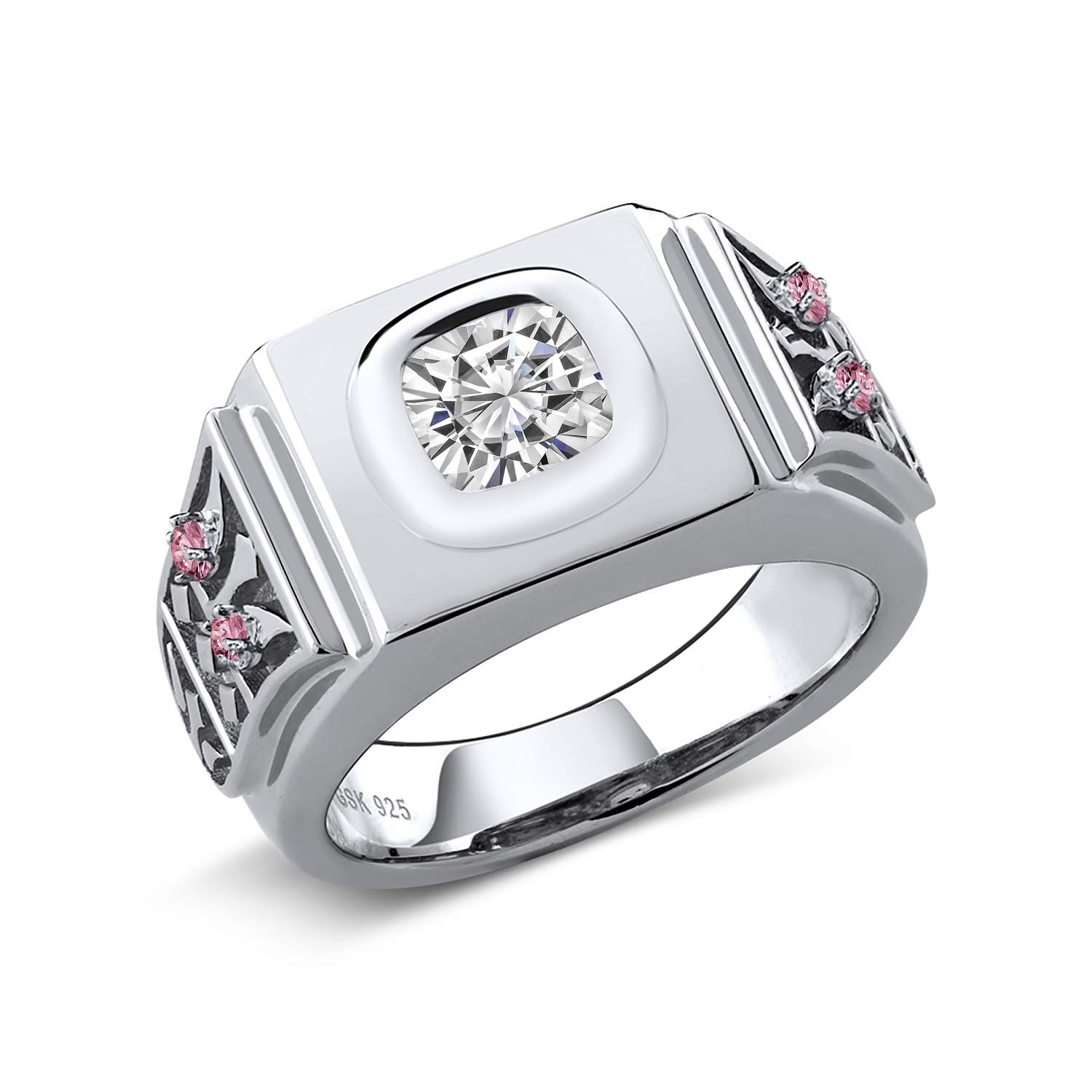 925 Sterling Silver Men's Fashion Right-Hand Lab Grown Diamond Ring Forever Brilliant (GHI) Cushion 