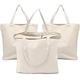 Segarty Blank Tote Canvas Bag with Zipper, 3pcs 19.7x15.7 inch Bags with Handles, 12oz Heavy Duty Reusable Washable Grocery Shopping Bags Plain Bags for Teacher DIY Art Craft Paint Embroidery