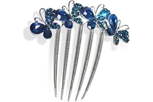 QIANSAIL French Hair Comb Rhinestone Inlaid Flower Butterfly Side Clip Piece Bride Wedding Pin Jewelry Accessories for Women (Navy Blue)