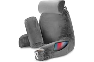 Nestl Reading Pillow with Shredded Memory Foam Includes 2 Neck and Lumber Support Pillows, Designed for Sitting Up in Bed and Couch, Back and Arms Adjustable Support for Adult & Teens, Dark Grey