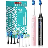 COSLUS C30 Electric Toothbrush for Adults, Ultra-Clean, 2PCS, Black &amp; Pink | Effective yet Gentle, 3 Intensities &amp; 5 Modes, 2 Types Soft or Medium Firm Heads, Daily Care, Compact for Travel Home Family