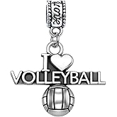 I Love Volleyball Charm Bead – Silver-Plated Dangle Accessory, Compatible with Pandora, Troll, Chamilia & European Bracelets – Sports Jewelry Gift for Players, Coaches & Fans