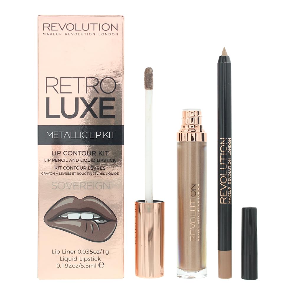 Revolution Retro Luxe Metallic Lip Kit Sovereign Lip Liner 1g & Liquid Lipstick