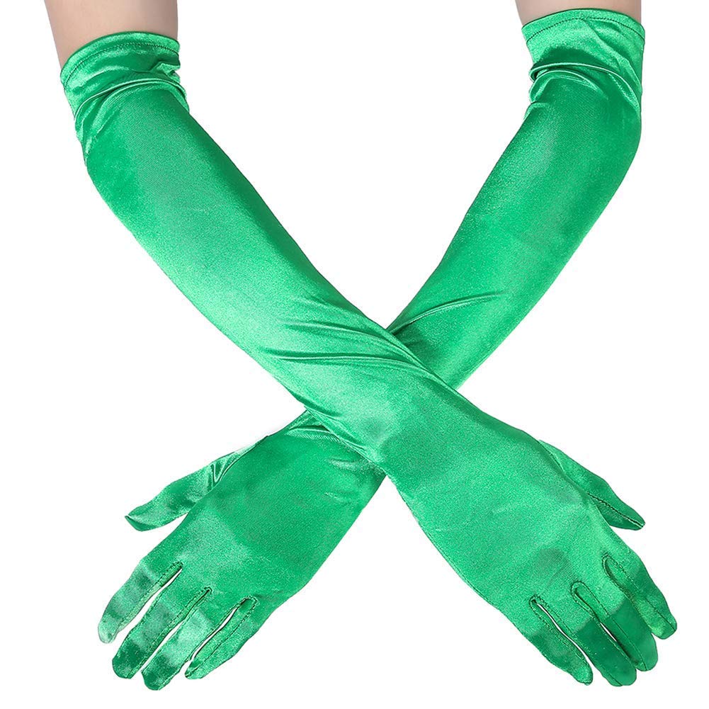 Ruiuzi Women Long Evening Gloves Satin Elbow Gloves Bridal Fancy Dress Gloves Wedding Prom Opera Gloves 1920s Style for Women (Green)