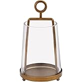 Twakutwaku 4“ Wide Modern Farmhouse Metal Hurricane Candle Holder with Handmade Sturdy Glass Sleeve in Vintage Brass for 2" Pillar Candle & Plants, Glass Hurricane Lantern, Industrial, Minimalistic