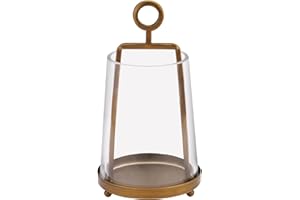 TWAKUTWAKU 4“ Wide Modern Metal Hurricane Lantern with Handmade Sturdy Glass Sleeve in Brass for 2" Pillar Candle & Plants, Farmhouse HurricaneIndustrial, Minimalistic, Shabby Chic (1, Brass, 4"x7.5")