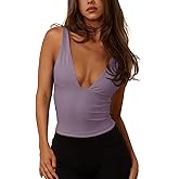 REORIA Women's Sexy Plunge Deep V Neck Sleeveless V Backless Tank Top Workout Yoga Crop Tops