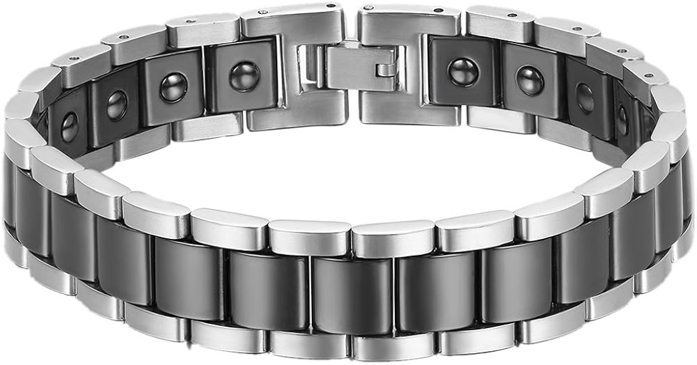 Cupimatch Men's Punk Rock Stainless Steel Healthy Magnetic Ceramic Bracelet Link Chain Wrist, 8.5 Inch