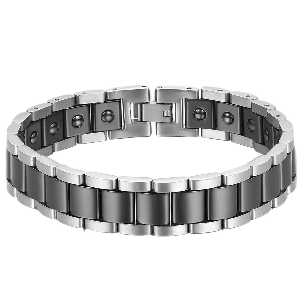 Cupimatch Men's Punk Rock Stainless Steel Healthy Magnetic Ceramic Bracelet Link Chain Wrist, 8.5 Inch