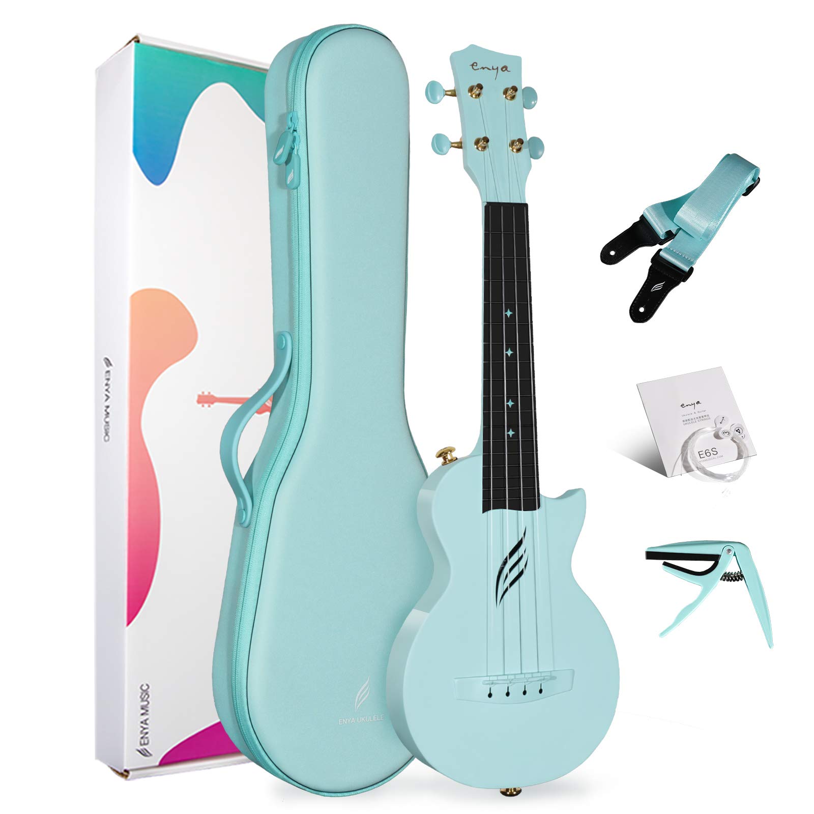 Soprano Ukulele Enya Nova U Mini 21" –Carbon Fiber Travel Ukulele–With Beginner Kit includes Semi-Hard Case, Strap, Capo, and Strings (Blue)