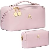 CLOUDWINGS Birthday Gifts for Women Teen Girl, Personalized Initial Makeup Organizer Bag Set, Open Flat Travel Cosmetic Bag With Clear Divider and Handle(Pink,A)