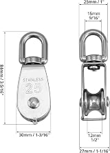QWORK 2PCS M25 Single Pulley Block 304 Stainless Steel 11mm Wire 360 Swivel view 5