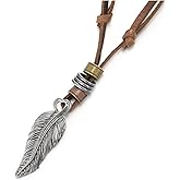 COOLSTEELANDBEYOND Retro Style Feather Pendant Unisex Necklace for Mens Womens with Adjustable Brown Leather Cord
