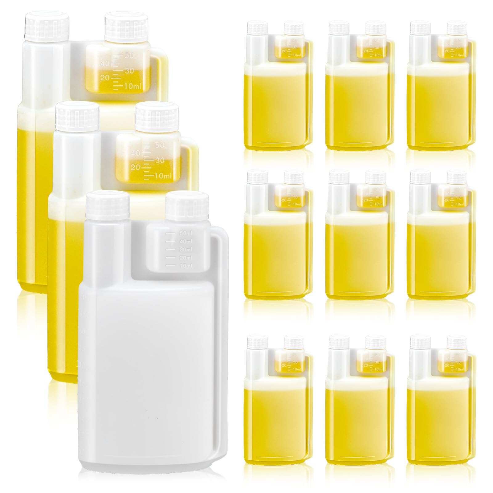 Photo 1 of Lounsweer 12 Pcs Plastic Flask with Built in 1oz Shot Glass Graduated Chamber with Caps, Measuring Bottles One for Filling and One for Dispensing, to Store, Measure Dispense Liquids (32oz)