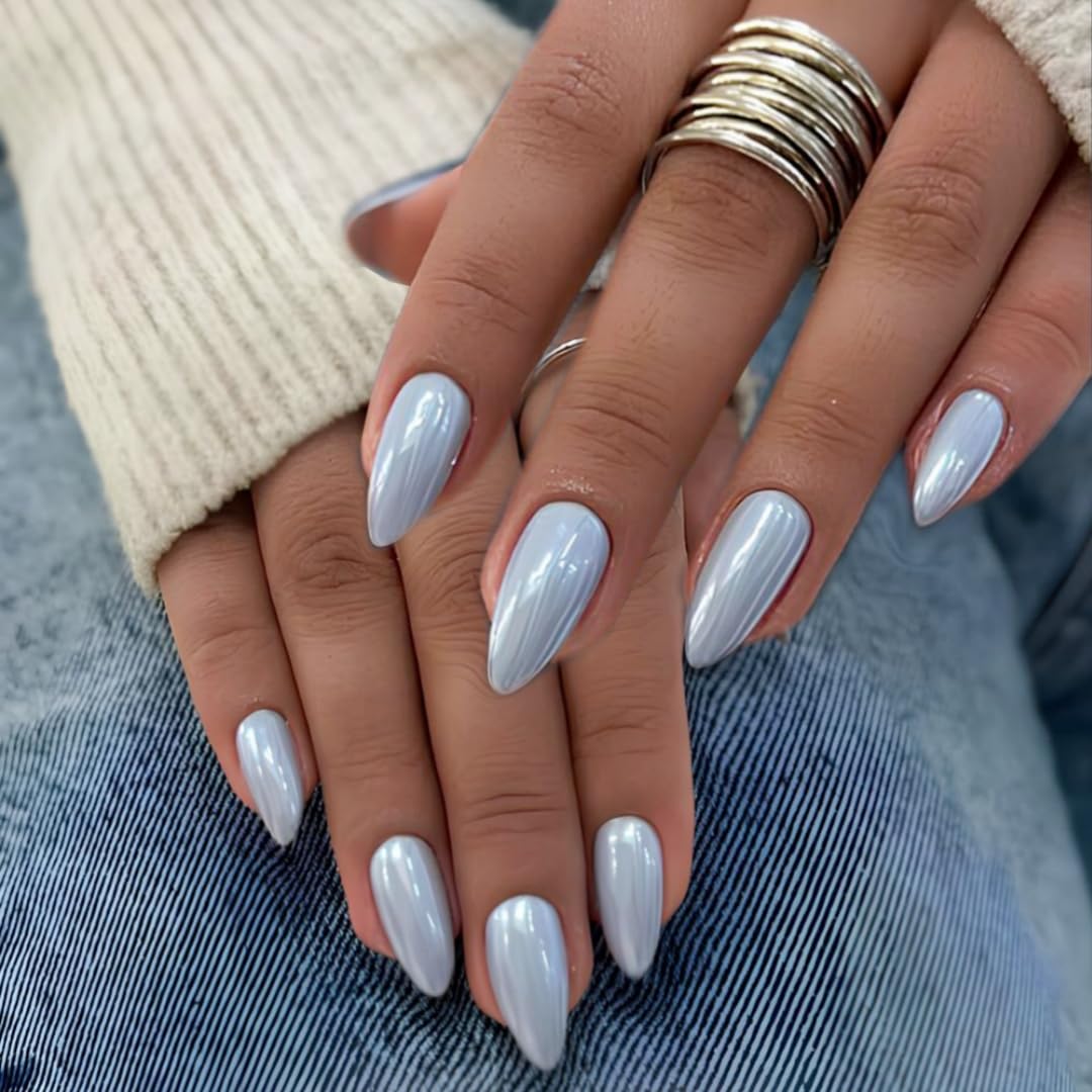 Chrome Light Blue False Nails Almond, SXVME Chrome Press On Nails Medium, Glazed Gel Finish, Sparkly Fake Nails Press on, Bling Acrylic Stick on Nail for Women Weddings