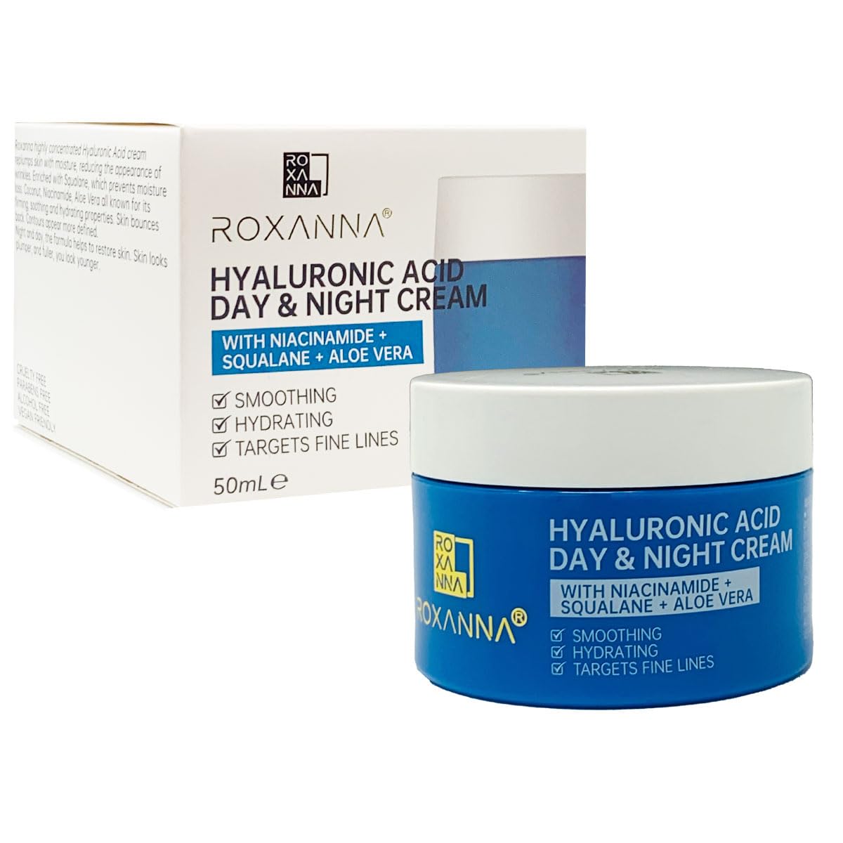 Roxanna Hyaluronic Acid Face Cream 50ml - Skincare Moisturizer for Women with Squalane, Niacinamide, Coconut, Aloe Vera - Best - Repair Night and Day Cream - Vegan Anti Ageing Care