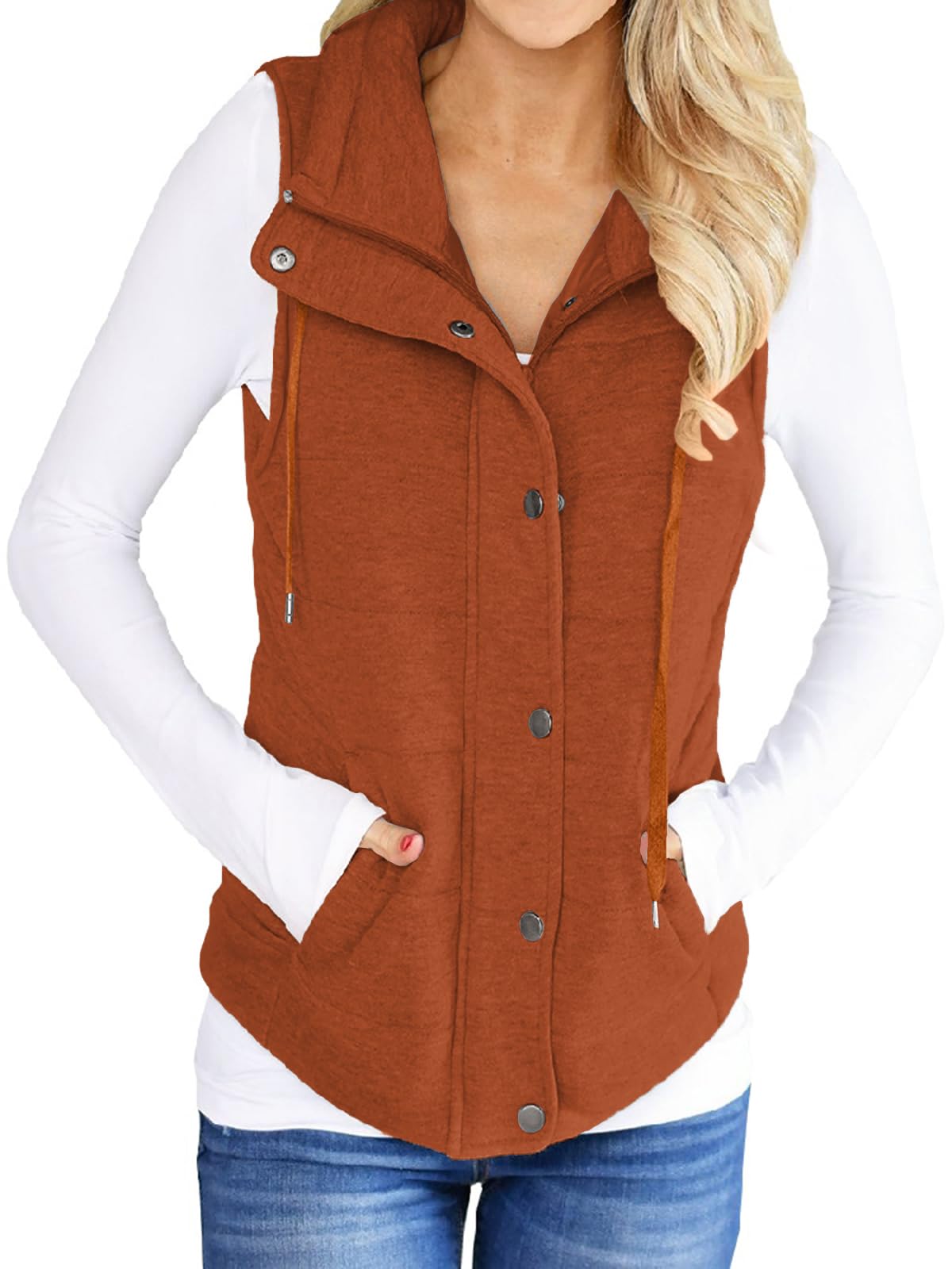 Photo 1 of Valphsio Womens Casual Quilted Puffer Vest Lightweight Zip Up Drawstring Jacket Outerwear with Pockets (Brown, m)