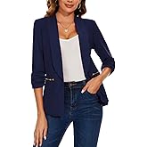 LADI TREND Womens Blazer Jacket Suit Open Front Blazers Tailored 3/4 Gathered Sleeve Jackets Coat Workwear for Daily/Work,2XL,Navy Blue