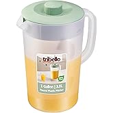 Tribello Water Pitcher with Lid 1 Gallon – Clear Round Plastic Pitcher Ice Tea & Juice Jug – Freezer & Dishwasher Safe, BPA & Phthalate Free – Sage Green