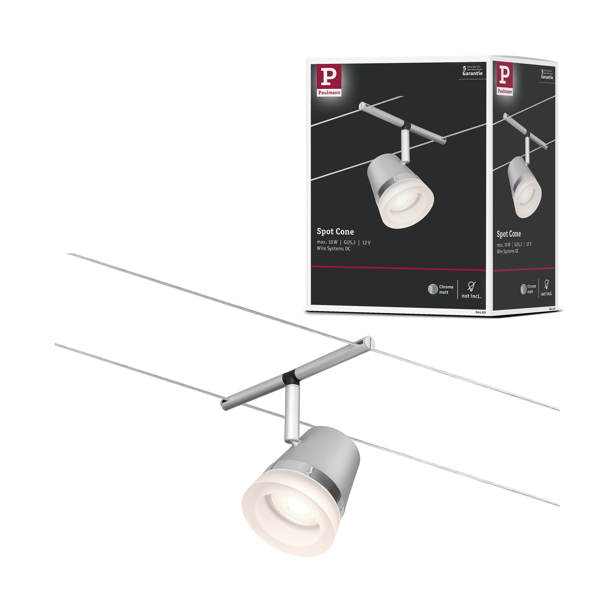 Paulmann 94460 Cable System Spot Cone DC Max. 1 x 10 Watt Expandable Chrome Matt Wire Rope Plastic GU5.3
