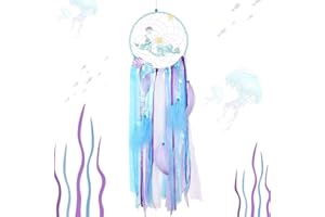 AerWo Mermaid Dream Catcher Macrame Wall Hanging Decor, Handmade Blue Mermaid Gifts for Girls, Kids Nursery Bedroom Decor, Under The Sea Mermaid Home Decor, Birthday Party Supplies,8 x 28 inches