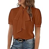 Rooscier Women's Bow Tie Neck Short Sleeve Elegant Office Workwear Blouse Shirt Tops