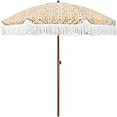 AMMSUN 7ft Patio Umbrella with Fringe Outdoor Tassel Umbrella UPF50+ Premium Steel Pole and Ribs Push Button Tilt, Retro Bohemian
